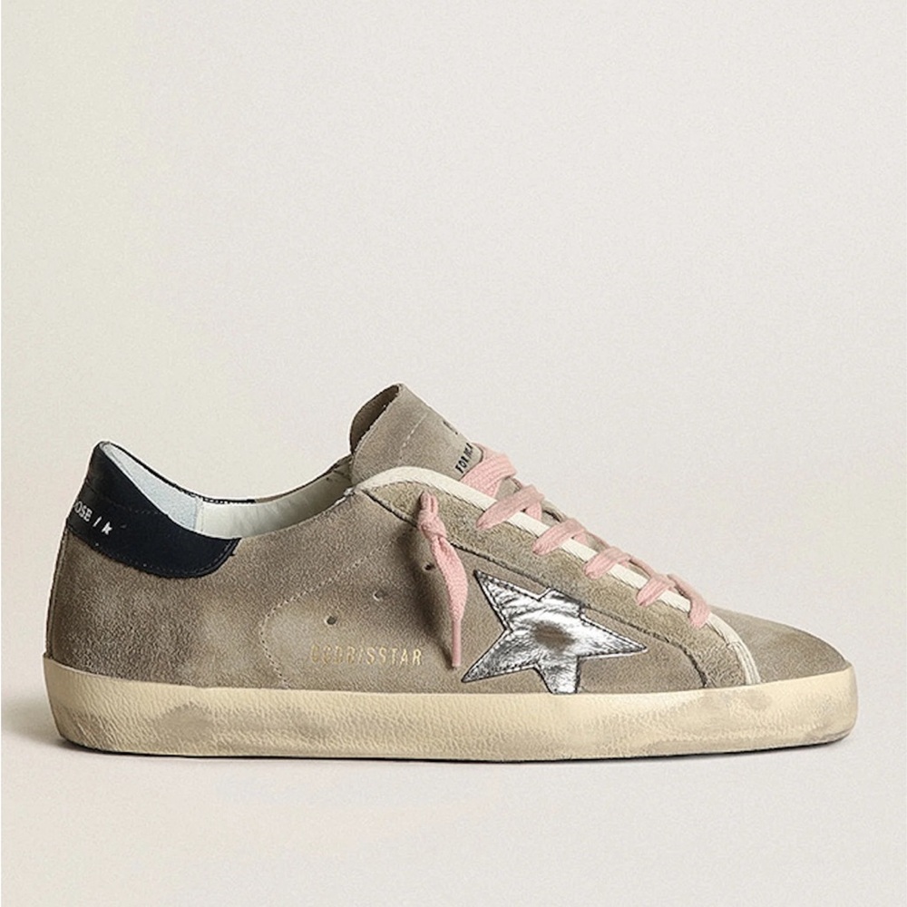 Golden Goose Superstar Sneakers in Taupe and Pink, suede with blue heel tab